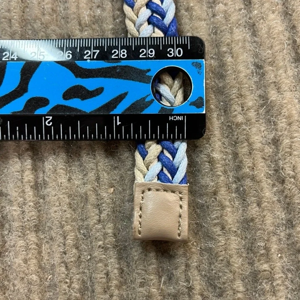 Braided Cord Belt Navy Blue Tan Woven Fabric Antique Brass Buckle 39 Inch